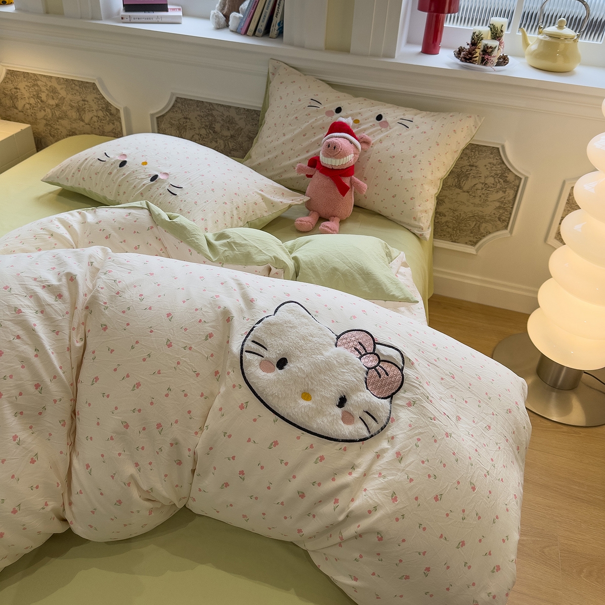 91家纺网 家纺一手货源 找家纺 曼谷家纺 2026年 水洗棉兔毛贴布绣四件套被套床单学生双人 可爱猫-碎花