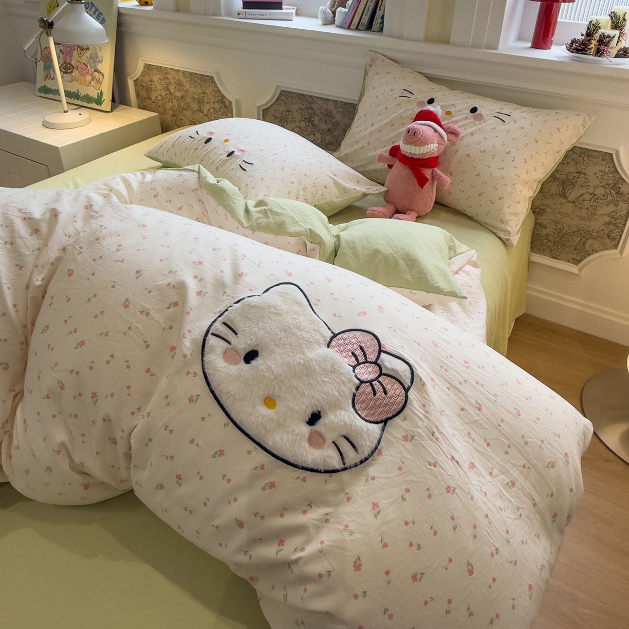 91家纺网 家纺一手货源 找家纺 曼谷家纺 2026年 水洗棉兔毛贴布绣四件套被套床单学生双人 可爱猫-碎花