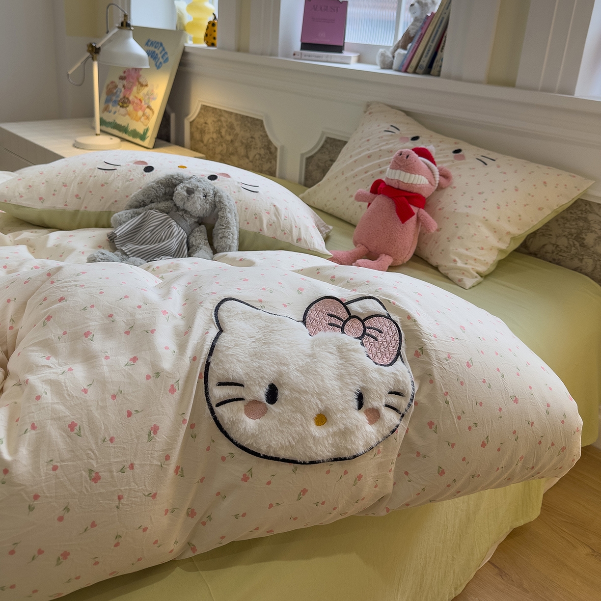 91家纺网 家纺一手货源 找家纺 曼谷家纺 2026年 水洗棉兔毛贴布绣四件套被套床单学生双人 可爱猫-碎花