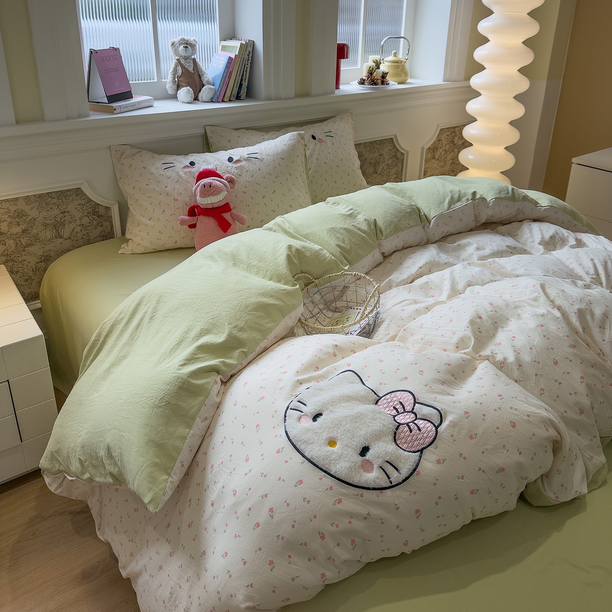 91家纺网 家纺一手货源 找家纺 曼谷家纺 2026年 水洗棉兔毛贴布绣四件套被套床单学生双人 可爱猫-碎花