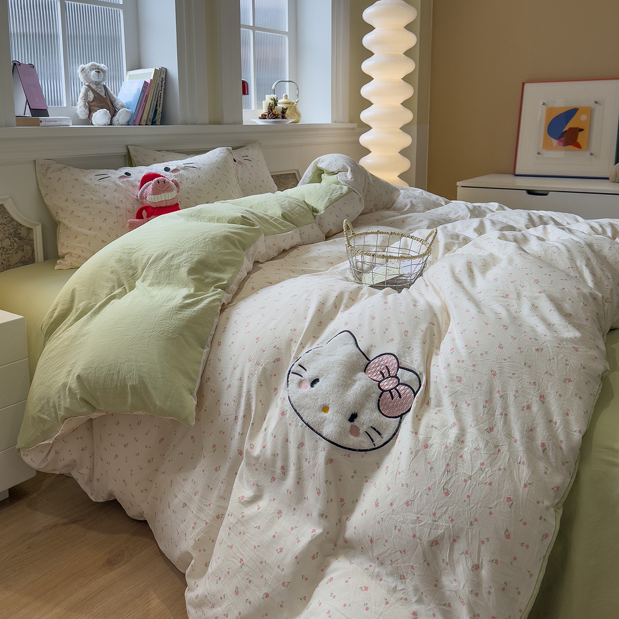 91家纺网 家纺一手货源 找家纺 曼谷家纺 2026年 水洗棉兔毛贴布绣四件套被套床单学生双人 可爱猫-碎花