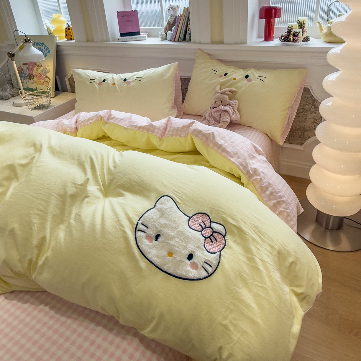 曼谷家纺 2026年 水洗棉兔毛贴布绣四件套被套床单学生双人 可爱猫-芝士粉小格