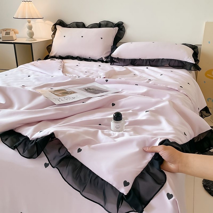 绒世界 2026新款水洗真丝冰丝美拉德风花边夏被四件套空调被夏凉被 夏被-爱心-粉