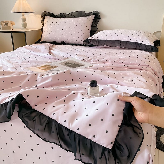 绒世界 2026新款水洗真丝冰丝美拉德风花边夏被四件套空调被夏凉被 夏被-波点-粉