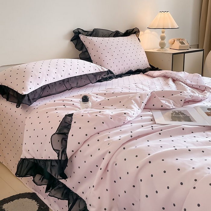 91家纺网 家纺一手货源 找家纺 绒世界 2026新款水洗真丝冰丝美拉德风花边夏被四件套空调被夏凉被 夏被-波点-粉