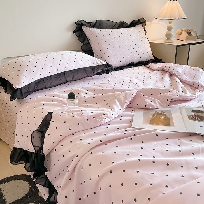 91家纺网 家纺一手货源 找家纺 绒世界 2026新款水洗真丝冰丝美拉德风花边夏被四件套空调被夏凉被 夏被-波点-粉