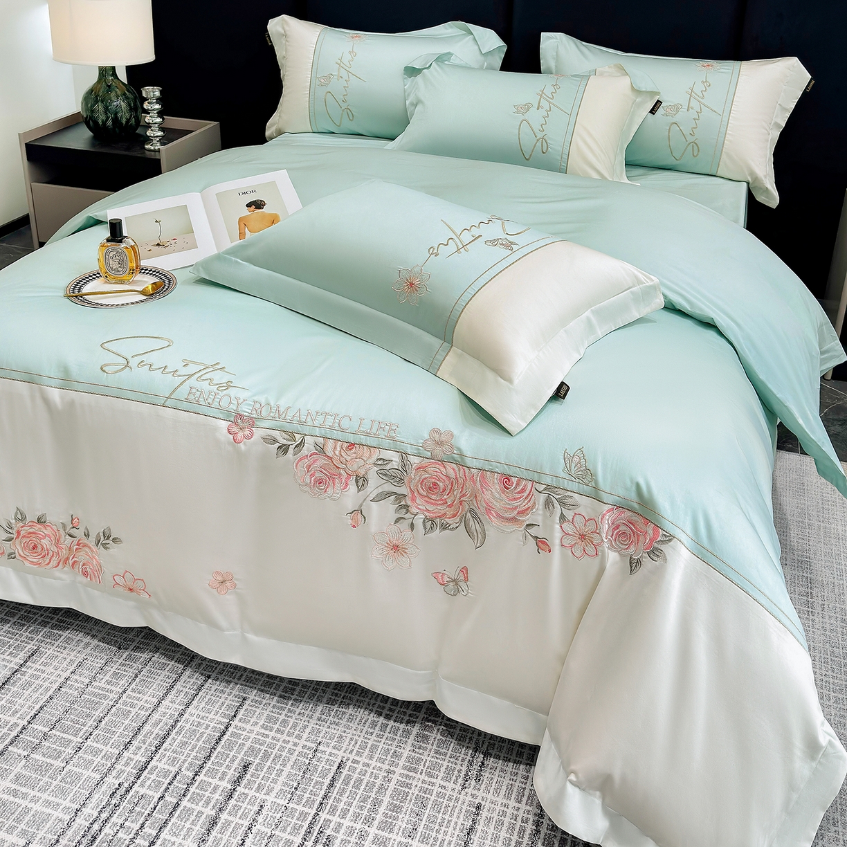 91家纺网 家纺一手货源 找家纺 莱势 2026新款100支全棉纯棉50x50s埃及贡缎长绒棉刺绣绣花四件套高端礼盒-花开半夏系列 花开半夏-绿野仙踪