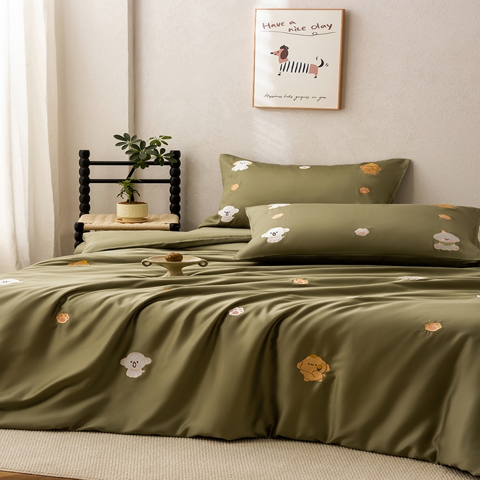 波比可可  2026新款 春夏 60支莱赛尔兰精天丝绣花刺绣四件套 幸运小狗