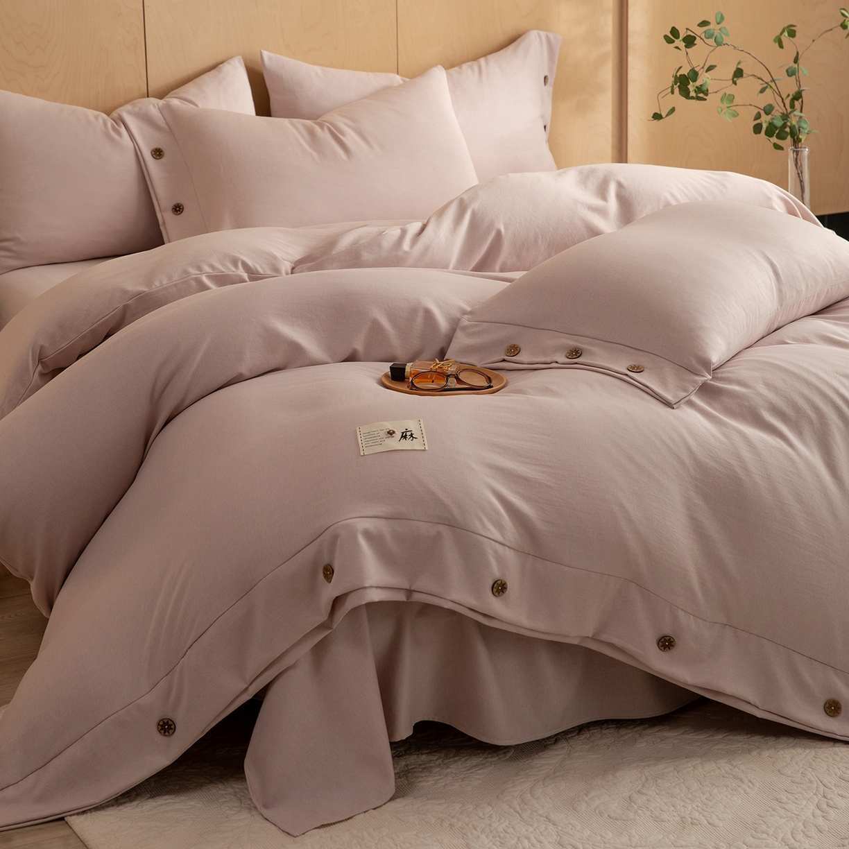 绒世界 2026新款雨露麻纽扣款床单床笠四件套 雨露麻（樱花粉）