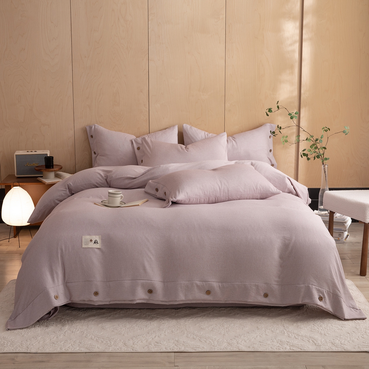91家纺网 家纺一手货源 找家纺 绒世界 2026新款雨露麻纽扣款床单床笠四件套 雨露麻（紫粉）