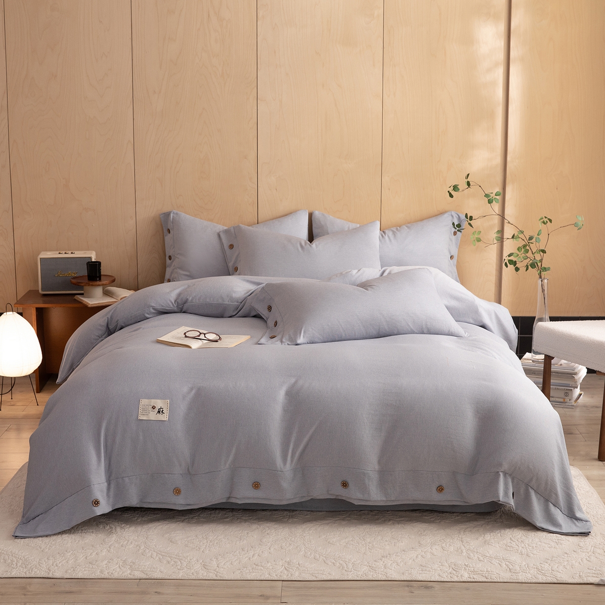 91家纺网 家纺一手货源 找家纺 绒世界 2026新款雨露麻纽扣款床单床笠四件套 雨露麻（青色）