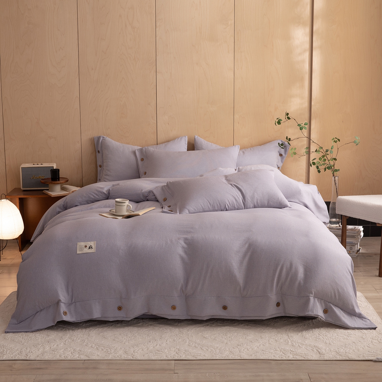 91家纺网 家纺一手货源 找家纺 绒世界 2026新款雨露麻纽扣款床单床笠四件套 雨露麻（紫色）