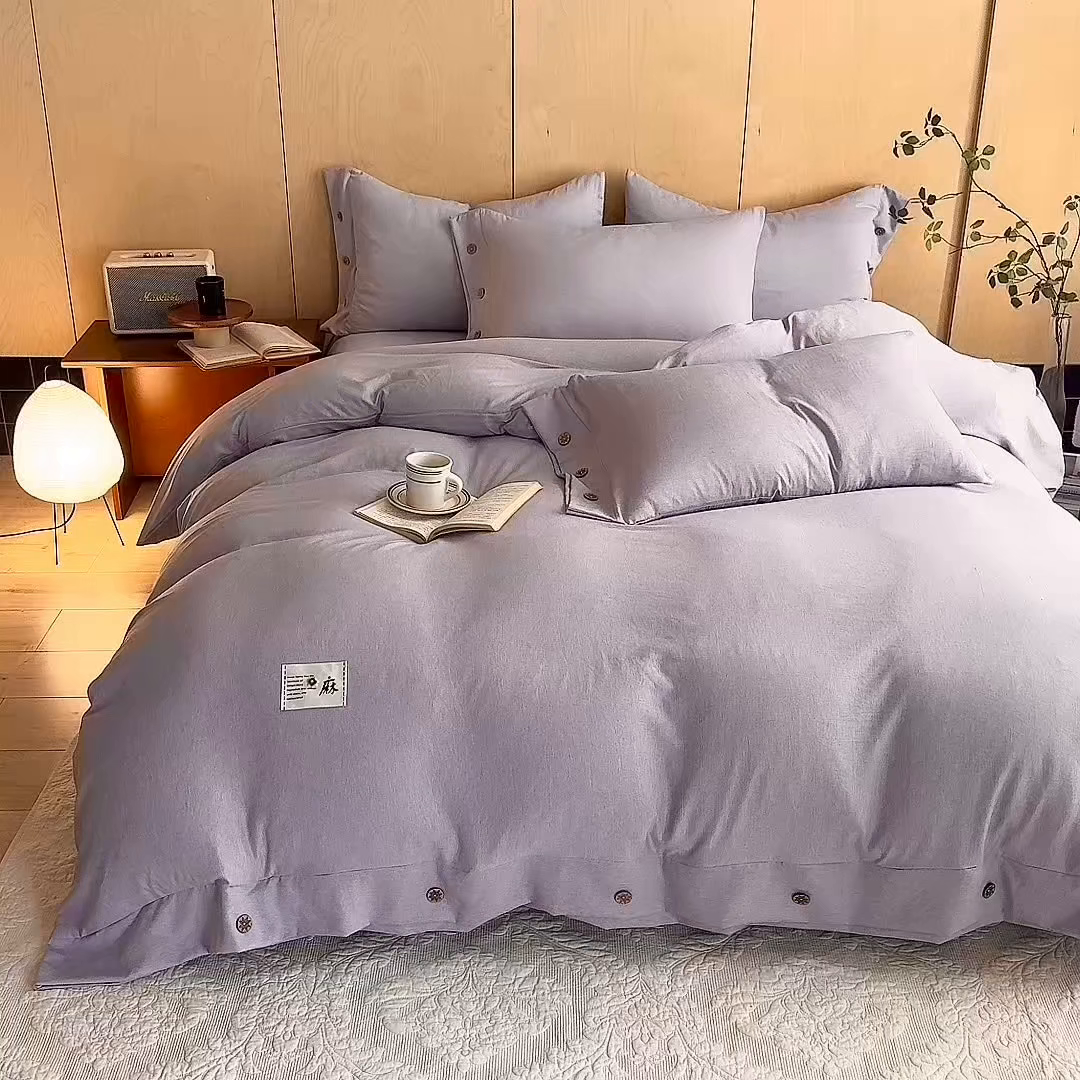 91家纺网 家纺一手货源 找家纺 绒世界 2026新款雨露麻纽扣款床单床笠四件套 雨露麻（紫色）