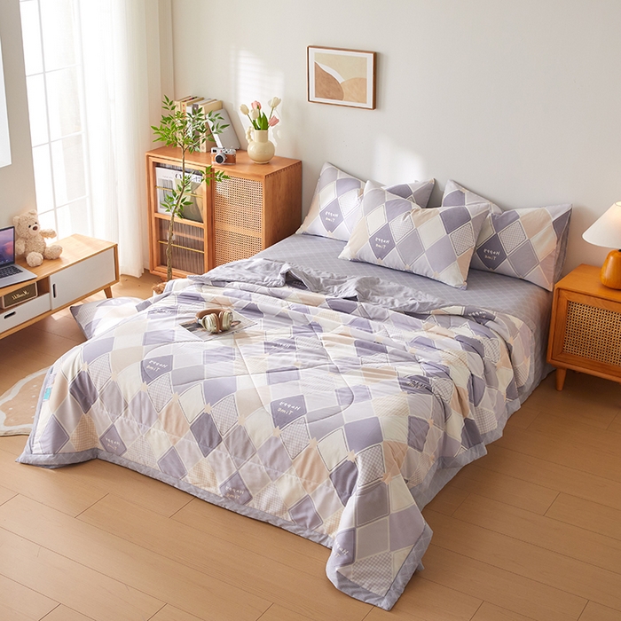 91家纺网 家纺一手货源 找家纺 海洋家纺 2026新款A类里外全棉印花夏被四件套 菱形格 灰