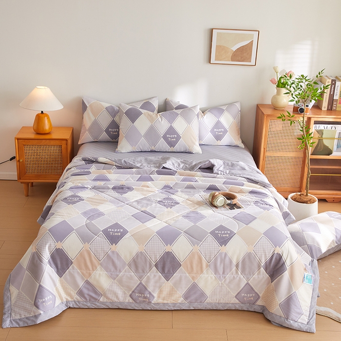 91家纺网 家纺一手货源 找家纺 海洋家纺 2026新款A类里外全棉印花夏被四件套 菱形格 灰