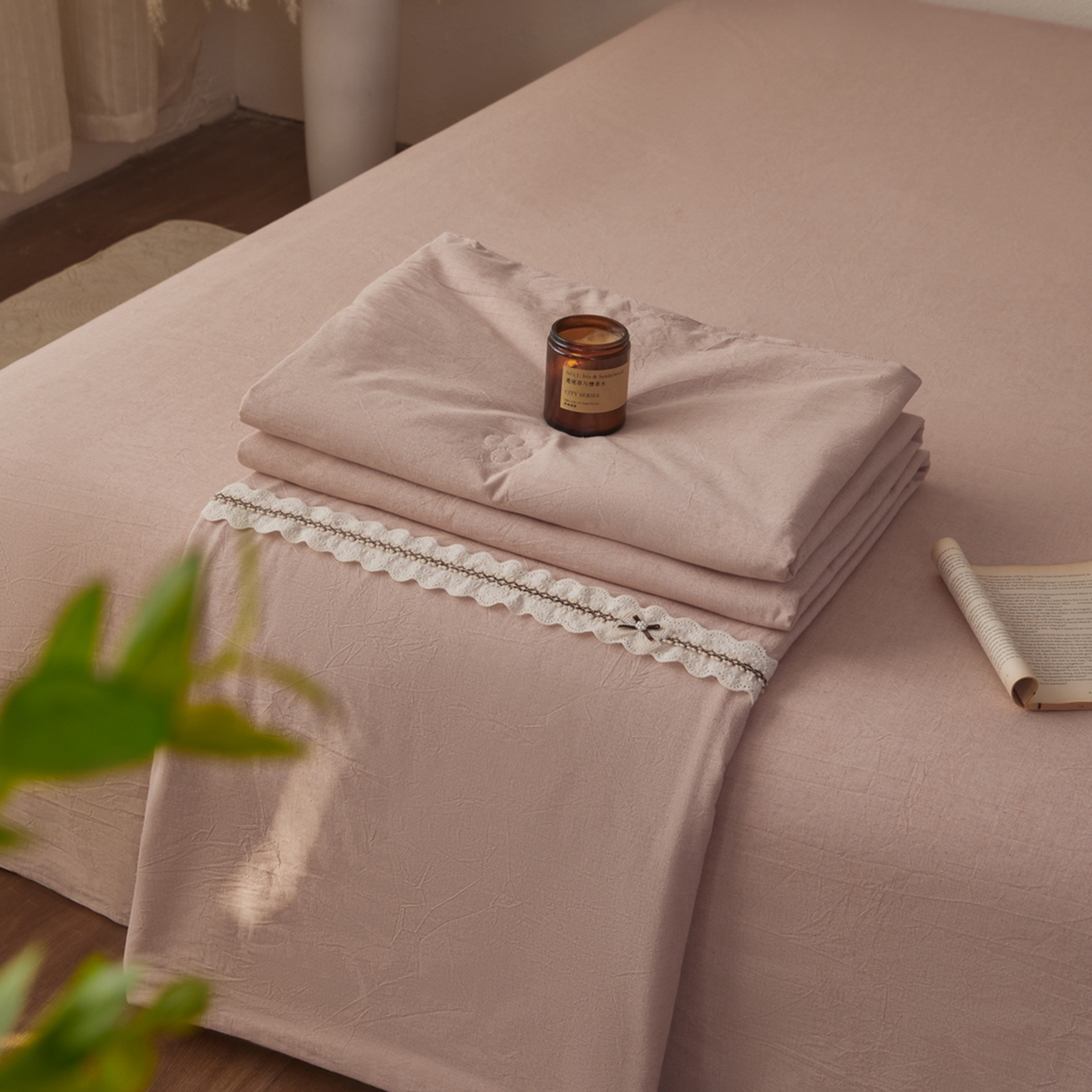 91家纺网 家纺一手货源 找家纺 尊妙被业 2026新款A类棉麻亚麻夏被大豆夏被四件套 棉麻 粉