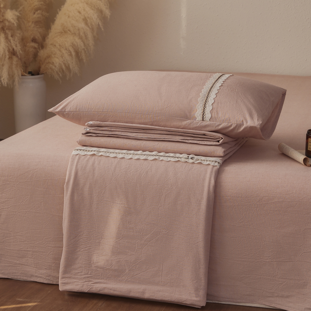 91家纺网 家纺一手货源 找家纺 尊妙被业 2026新款A类棉麻亚麻夏被大豆夏被四件套 棉麻 粉