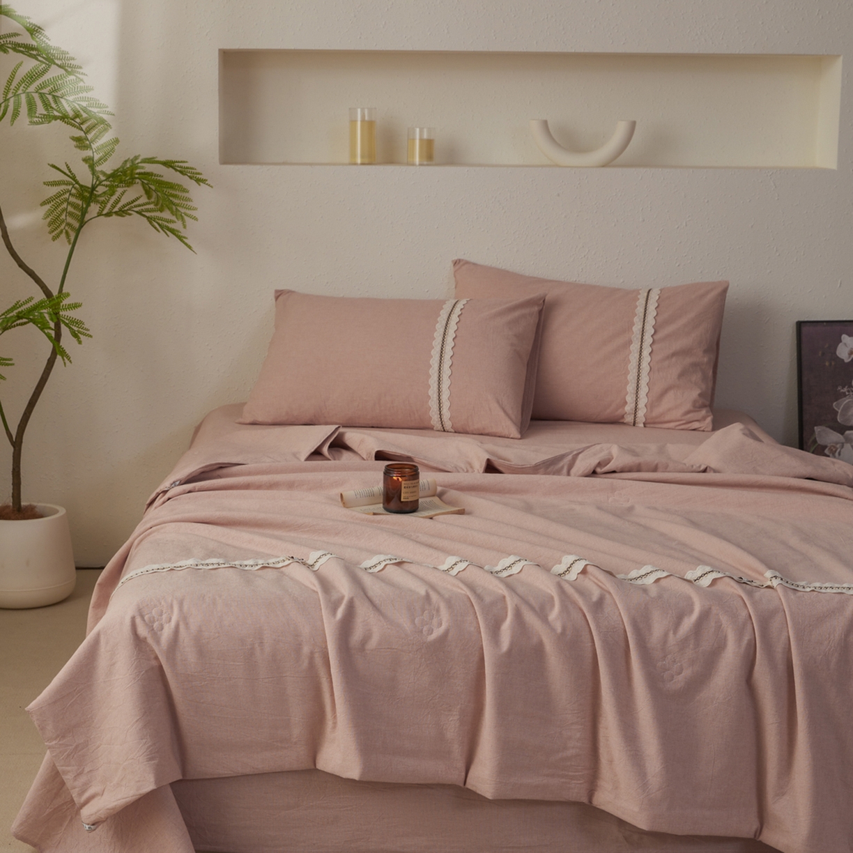 91家纺网 家纺一手货源 找家纺 尊妙被业 2026新款A类棉麻亚麻夏被大豆夏被四件套 棉麻 粉