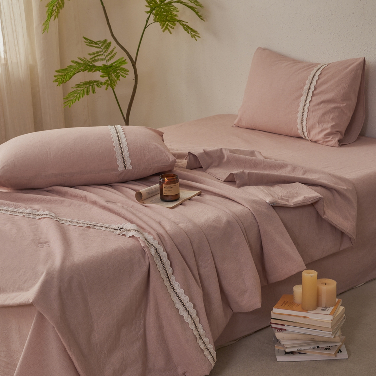 91家纺网 家纺一手货源 找家纺 尊妙被业 2026新款A类棉麻亚麻夏被大豆夏被四件套 棉麻 粉