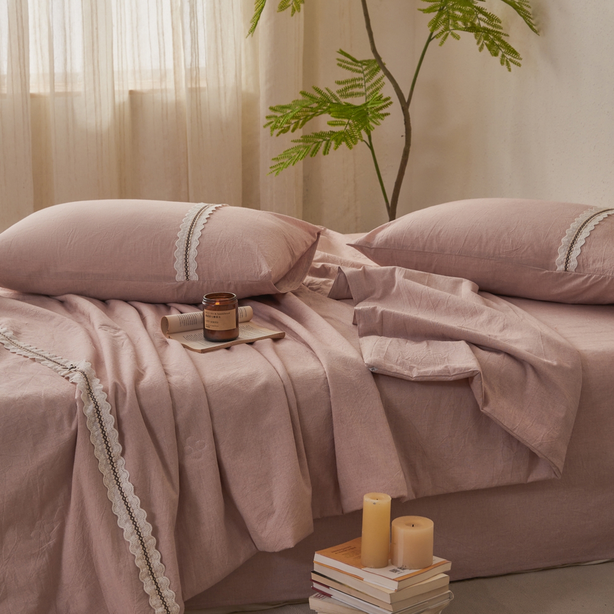 91家纺网 家纺一手货源 找家纺 尊妙被业 2026新款A类棉麻亚麻夏被大豆夏被四件套 棉麻 粉