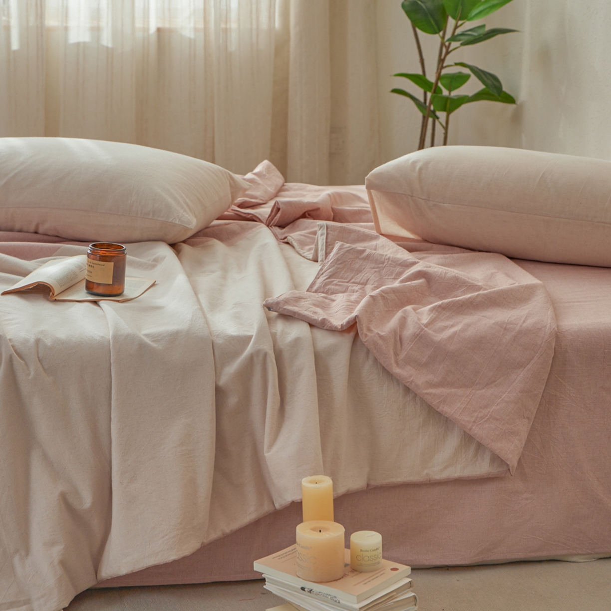 91家纺网 家纺一手货源 找家纺 尊妙被业 2026新款A类棉麻亚麻夏被大豆夏被四件套 棉麻 粉拼米白