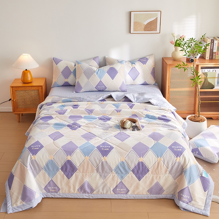 91家纺网 家纺一手货源 找家纺 海洋家纺 2026新款100%里外全棉夏被印花空调被夏凉被薄被子棉花夏被四件套 菱形格 蓝