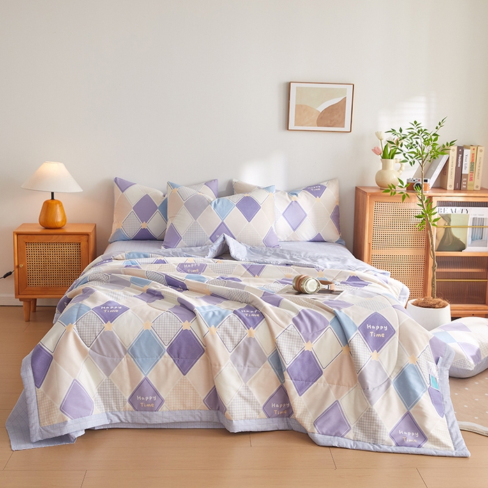 91家纺网 家纺一手货源 找家纺 海洋家纺 2026新款100%里外全棉夏被印花空调被夏凉被薄被子棉花夏被四件套 菱形格 蓝