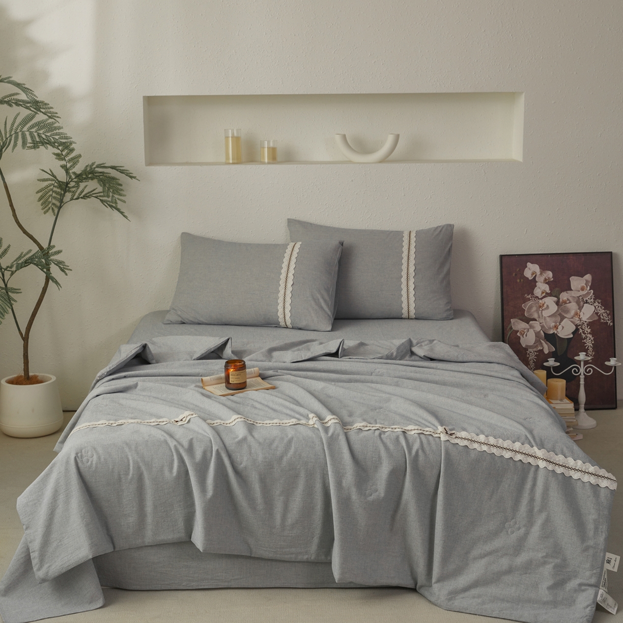 91家纺网 家纺一手货源 找家纺 尊妙被业 2026新款A类棉麻亚麻夏被大豆夏被四件套 棉麻 蓝