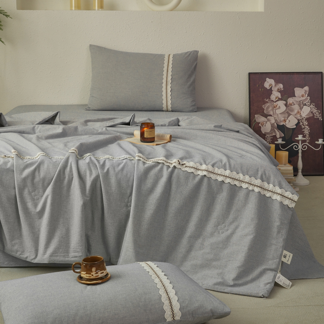 91家纺网 家纺一手货源 找家纺 尊妙被业 2026新款A类棉麻亚麻夏被大豆夏被四件套 棉麻 蓝