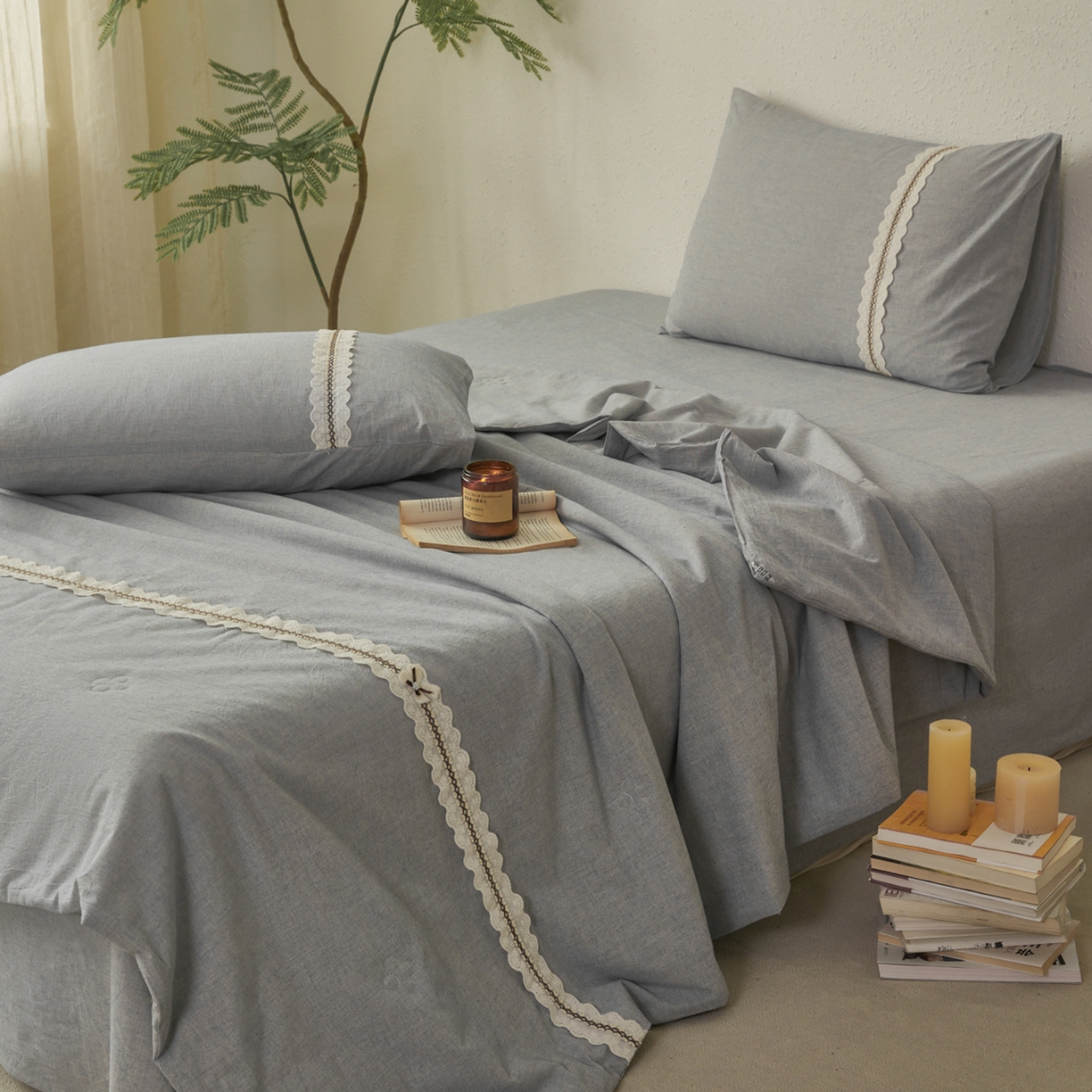 91家纺网 家纺一手货源 找家纺 尊妙被业 2026新款A类棉麻亚麻夏被大豆夏被四件套 棉麻 蓝