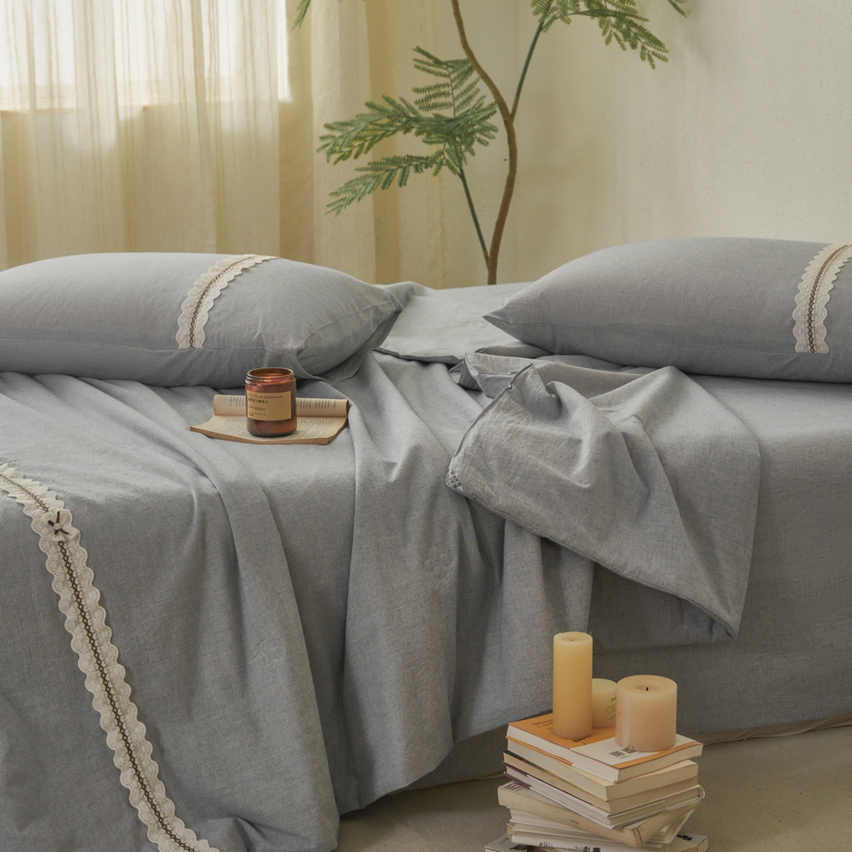 91家纺网 家纺一手货源 找家纺 尊妙被业 2026新款A类棉麻亚麻夏被大豆夏被四件套 棉麻 蓝