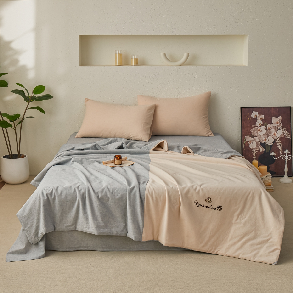 91家纺网 家纺一手货源 找家纺 尊妙被业 2026新款A类棉麻亚麻夏被大豆夏被四件套 棉麻 蓝拼米白