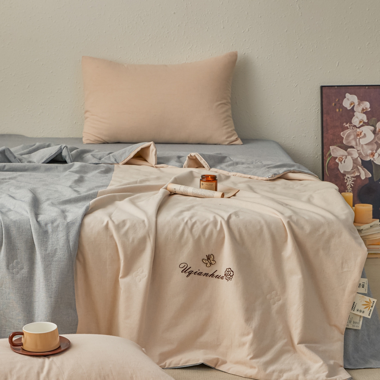 91家纺网 家纺一手货源 找家纺 尊妙被业 2026新款A类棉麻亚麻夏被大豆夏被四件套 棉麻 蓝拼米白