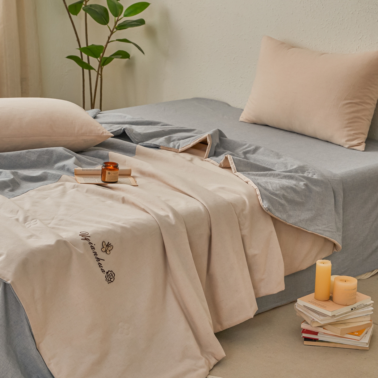 91家纺网 家纺一手货源 找家纺 尊妙被业 2026新款A类棉麻亚麻夏被大豆夏被四件套 棉麻 蓝拼米白