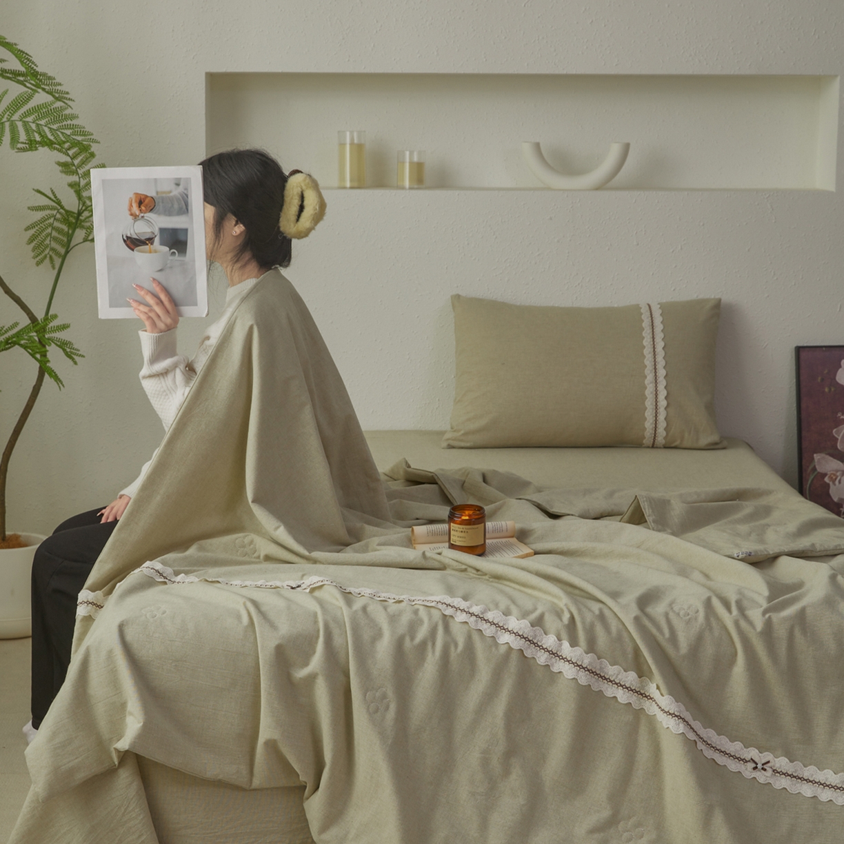 91家纺网 家纺一手货源 找家纺 尊妙被业 2026新款A类棉麻亚麻夏被大豆夏被四件套 棉麻 绿