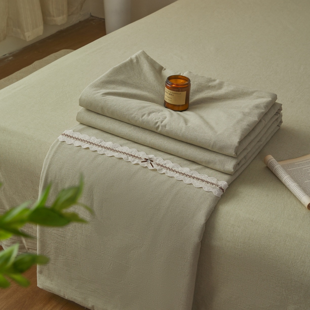 91家纺网 家纺一手货源 找家纺 尊妙被业 2026新款A类棉麻亚麻夏被大豆夏被四件套 棉麻 绿