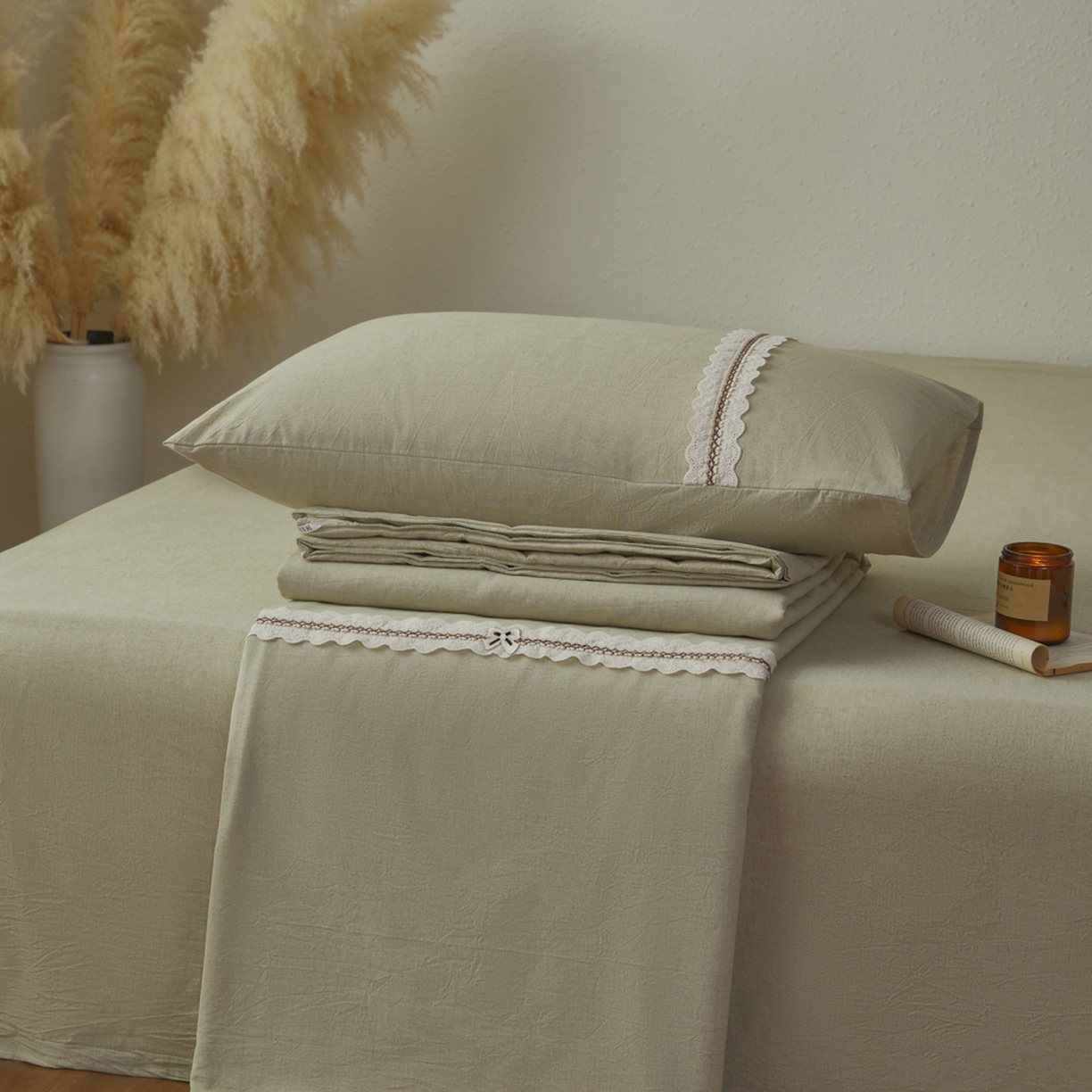 91家纺网 家纺一手货源 找家纺 尊妙被业 2026新款A类棉麻亚麻夏被大豆夏被四件套 棉麻 绿