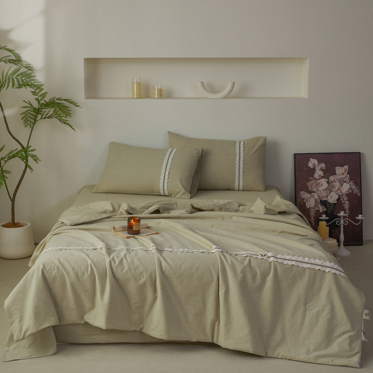 91家纺网 家纺一手货源 找家纺 尊妙被业 2026新款A类棉麻亚麻夏被大豆夏被四件套 棉麻 绿