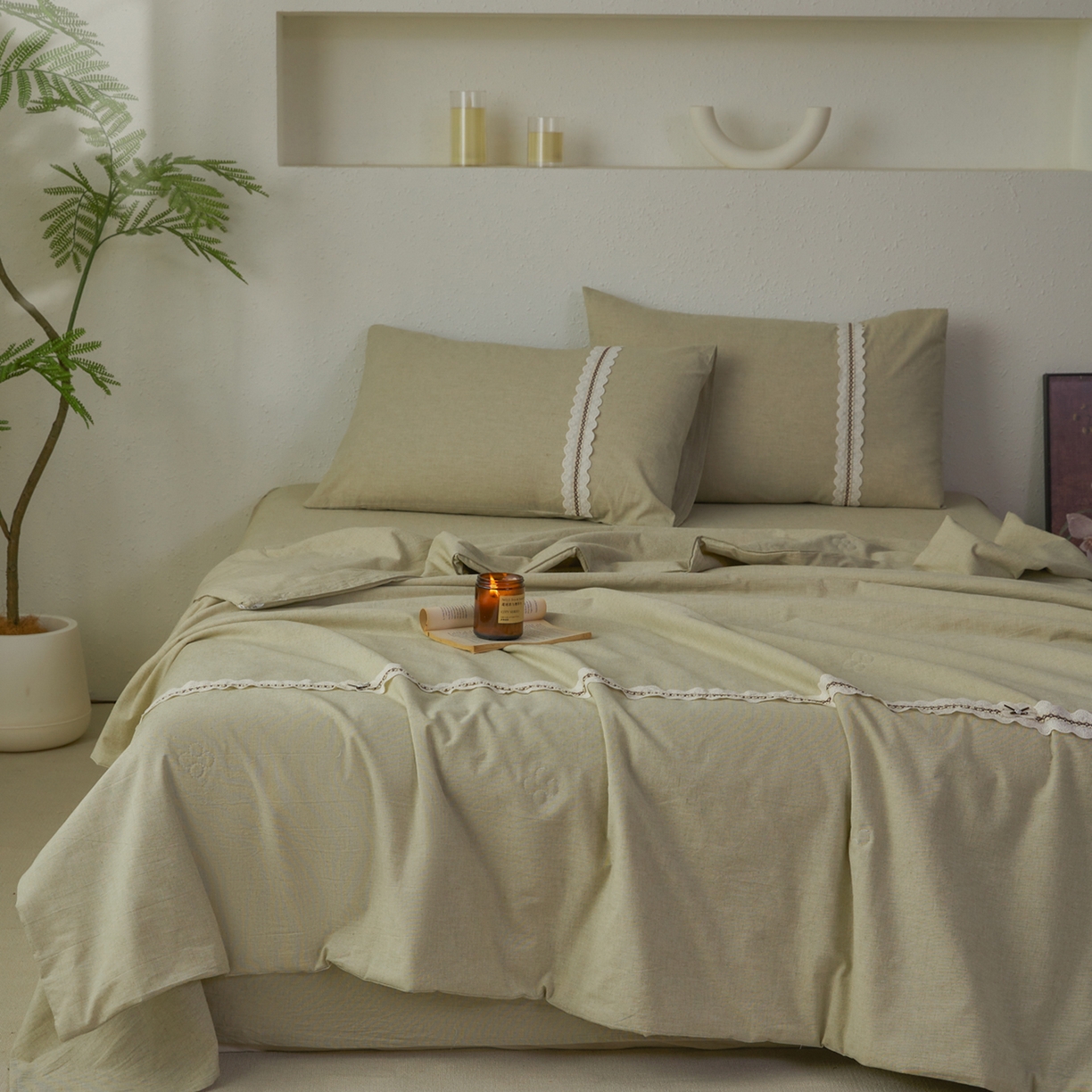 91家纺网 家纺一手货源 找家纺 尊妙被业 2026新款A类棉麻亚麻夏被大豆夏被四件套 棉麻 绿