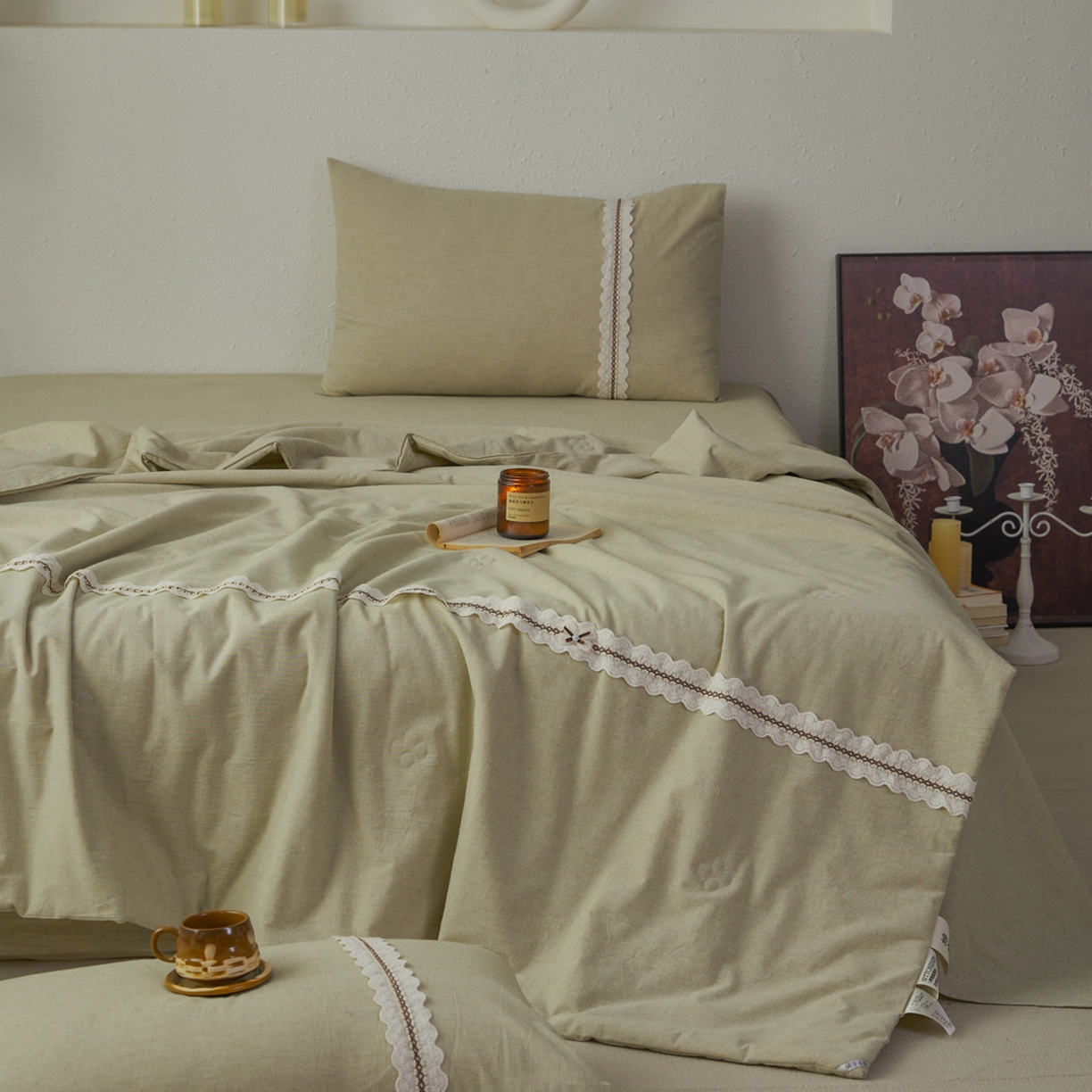 91家纺网 家纺一手货源 找家纺 尊妙被业 2026新款A类棉麻亚麻夏被大豆夏被四件套 棉麻 绿
