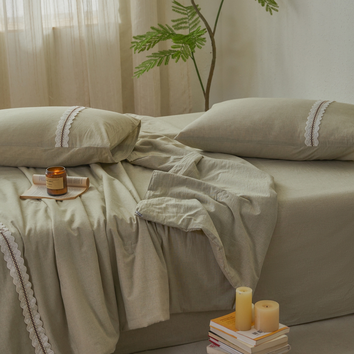 91家纺网 家纺一手货源 找家纺 尊妙被业 2026新款A类棉麻亚麻夏被大豆夏被四件套 棉麻 绿