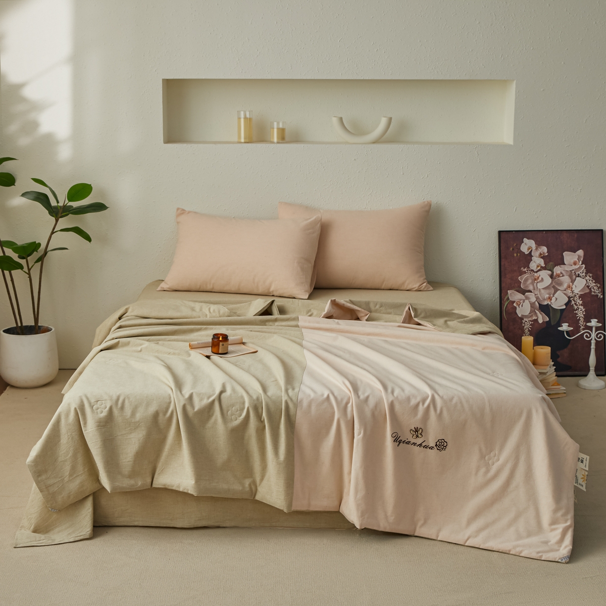 91家纺网 家纺一手货源 找家纺 尊妙被业 2026新款A类棉麻亚麻夏被大豆夏被四件套 棉麻 绿拼米白