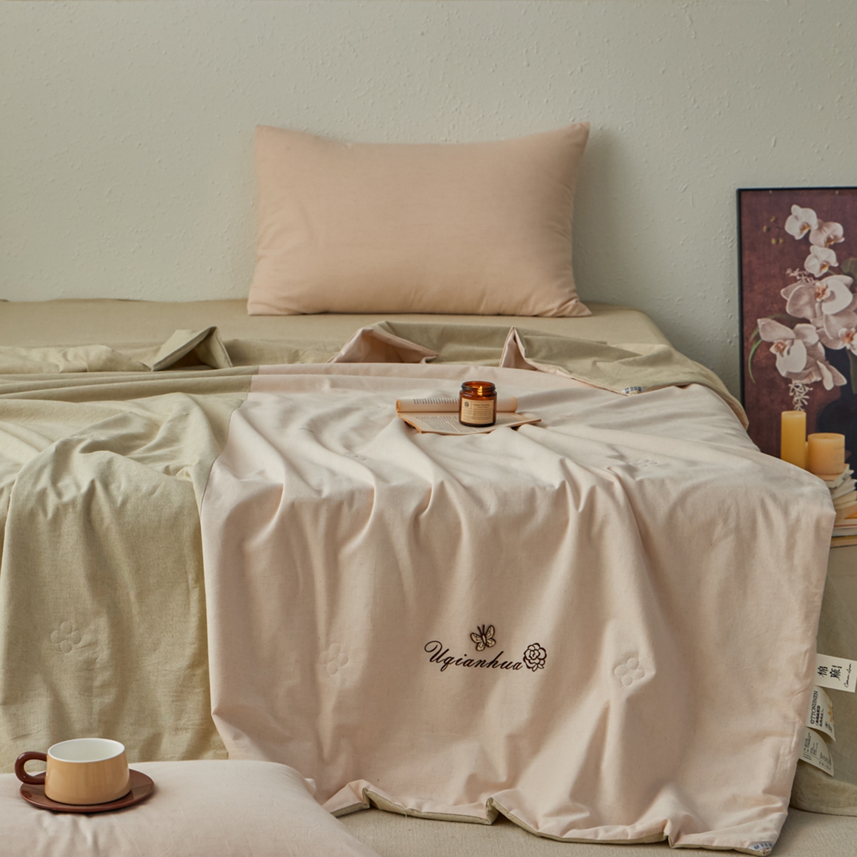 91家纺网 家纺一手货源 找家纺 尊妙被业 2026新款A类棉麻亚麻夏被大豆夏被四件套 棉麻 绿拼米白