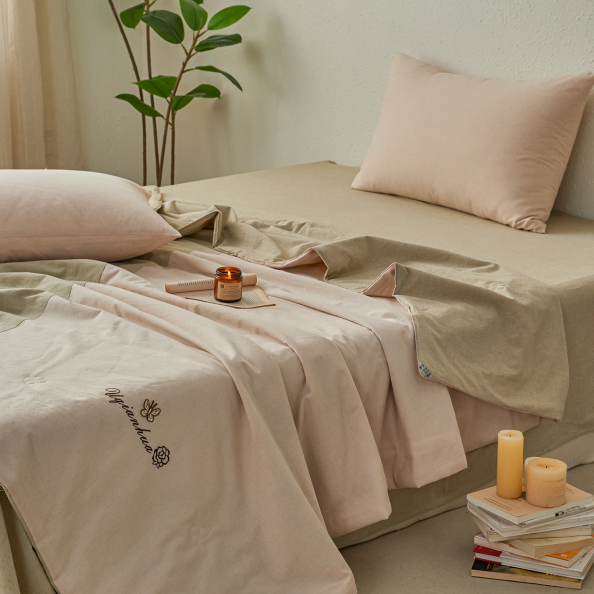 91家纺网 家纺一手货源 找家纺 尊妙被业 2026新款A类棉麻亚麻夏被大豆夏被四件套 棉麻 绿拼米白