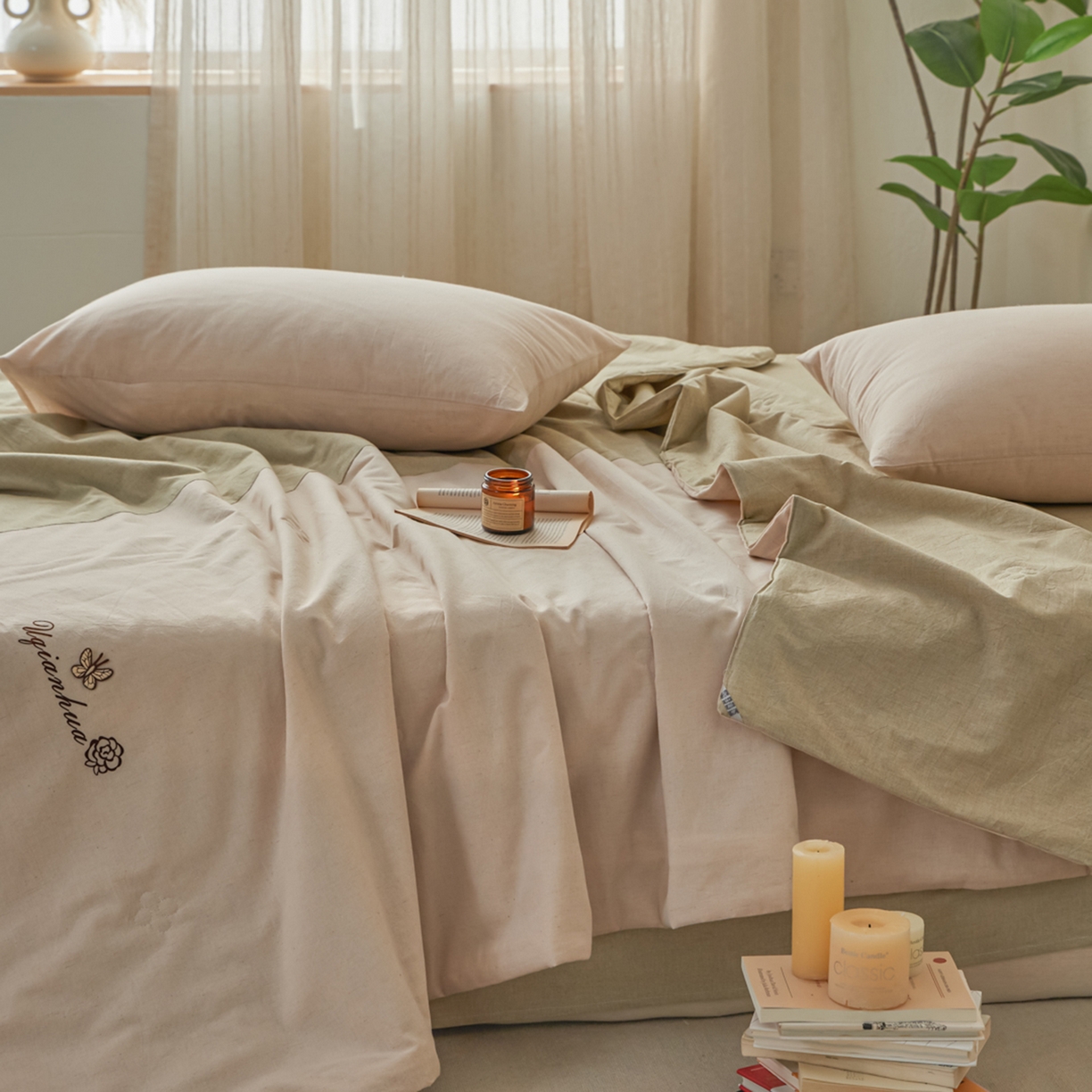 91家纺网 家纺一手货源 找家纺 尊妙被业 2026新款A类棉麻亚麻夏被大豆夏被四件套 棉麻 绿拼米白