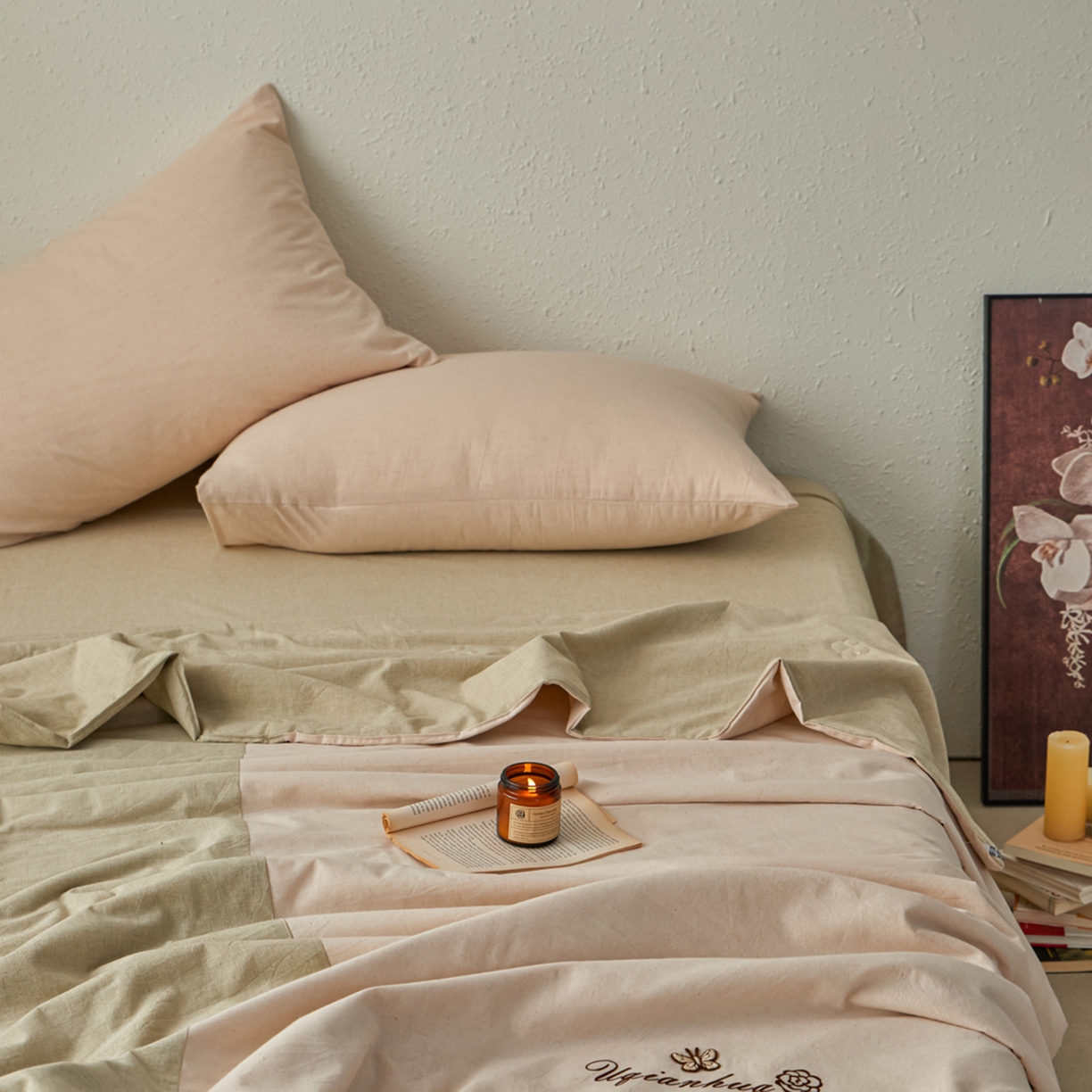 91家纺网 家纺一手货源 找家纺 尊妙被业 2026新款A类棉麻亚麻夏被大豆夏被四件套 棉麻 绿拼米白