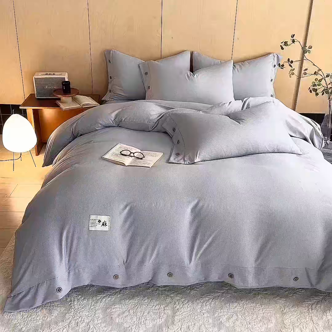 91家纺网 家纺一手货源 找家纺 丝印良品 2026新款雨露麻纽扣款床单床笠四件套 雨露麻（青色）