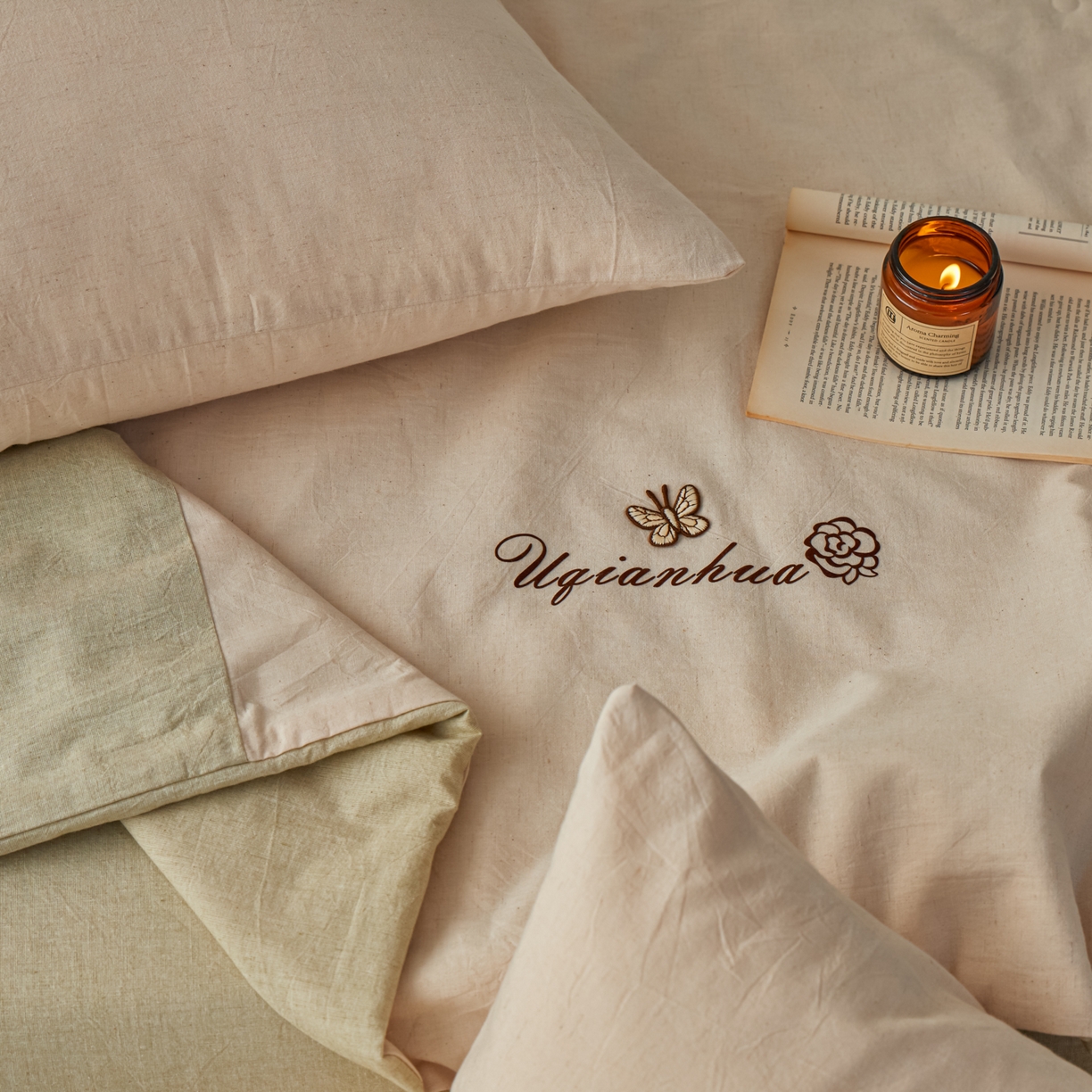 91家纺网 家纺一手货源 找家纺 尊妙被业 2026新款A类棉麻亚麻夏被大豆夏被四件套 棉麻 绿拼米白