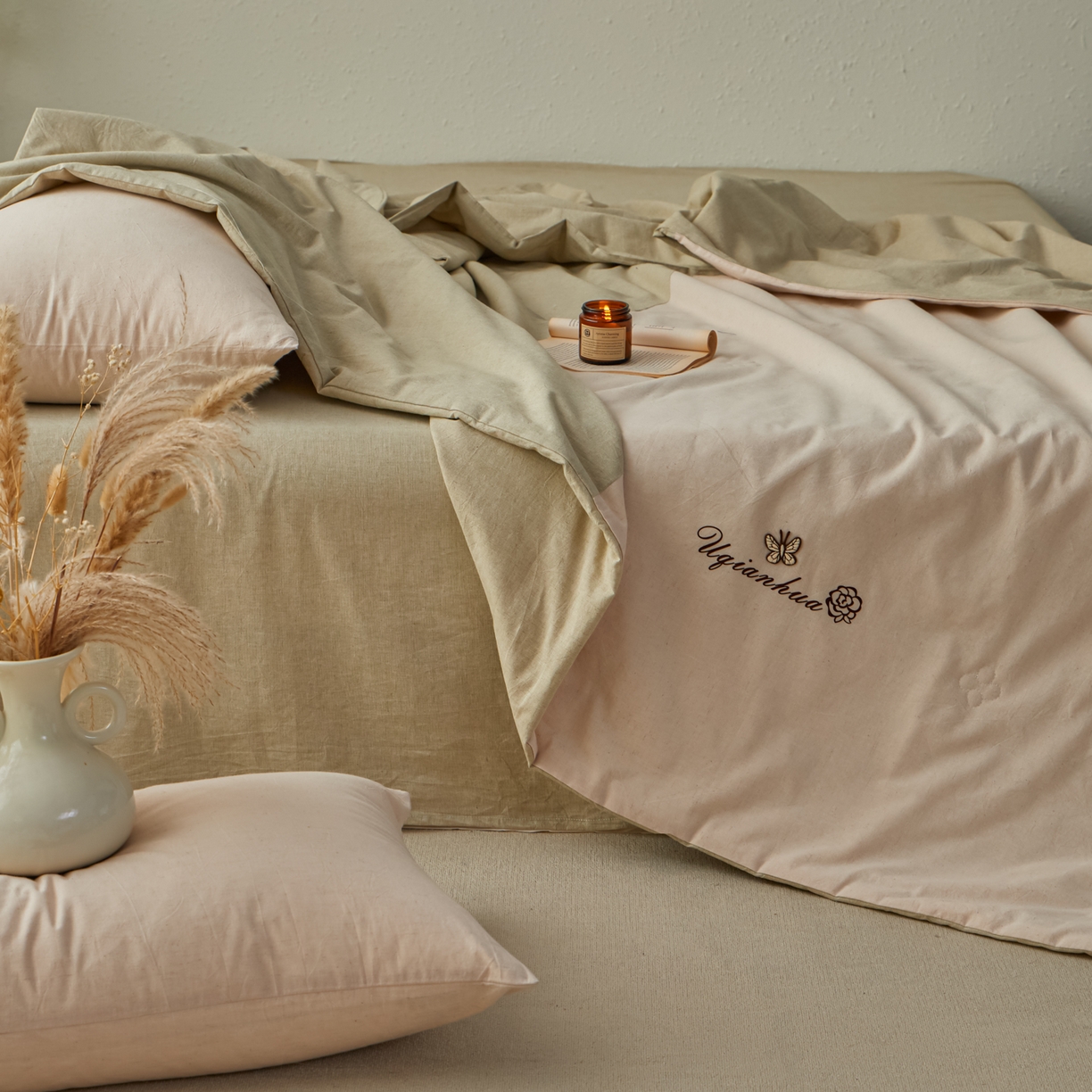 91家纺网 家纺一手货源 找家纺 尊妙被业 2026新款A类棉麻亚麻夏被大豆夏被四件套 棉麻 绿拼米白