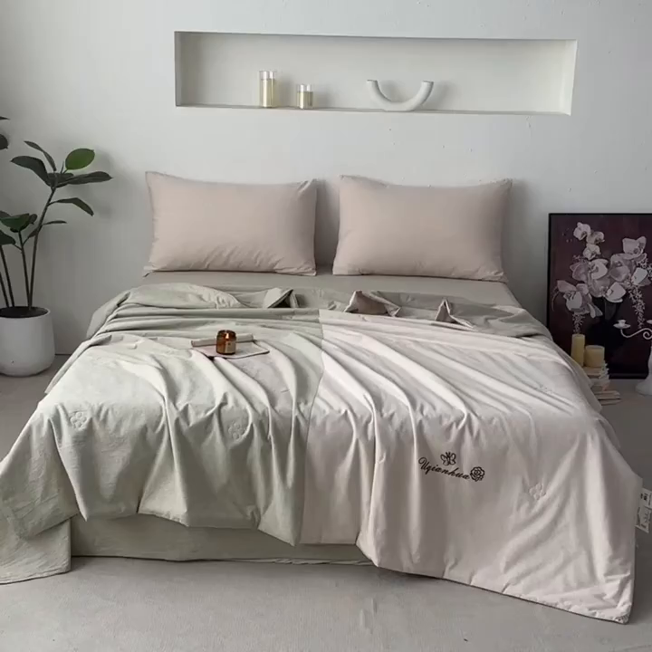 91家纺网 家纺一手货源 找家纺 尊妙被业 2026新款A类棉麻亚麻夏被大豆夏被四件套 棉麻 绿拼米白